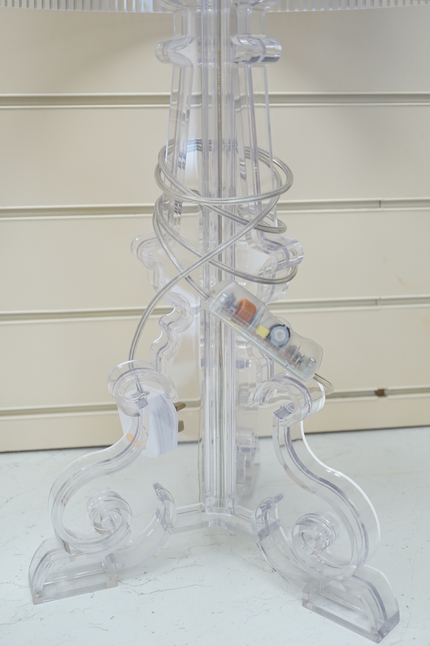 A pair of Bourgie table lamps by Kartell, clear polycarbonate, with original adjustable shades, 69cm high including shades
